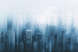 Blurred cityscape with towering skyscrapers in misty blue tones