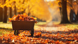 Fototapeta  - autumn background of wheelbarrow in forest with autumnal leaves