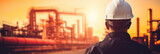 Fototapeta  - banner with worker on industrial factory or refinery for gas production