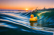 plastic yellow duckling swims on the waves in the sea, in the background there is a beautiful sunset
