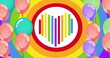 Image of rainbow heart in red and white circle and colourful balloons on rainbow background