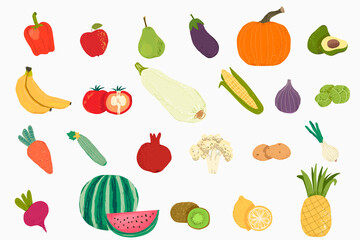 Wall Mural - Vegetables and fruits hand drawn cartoon set