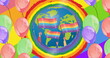 Image of colourful balloons and rainbow flags in circle on globe on rainbow background