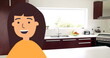 Image of happy woman icon over empty kitchen