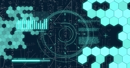 Image of data processing over mathematical equations on black background