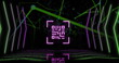 Image of qr code over neon shapes and network of connections on black background