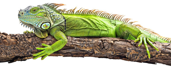 Green iguana lying on a tree branch isolated on a transparent background