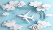 model white airplane on blue background with paper clouds - aviation theme, conceptual travel, airline industry, travel agencies.