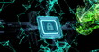 Image of padlock icon with computer circuit board over shapes on black background