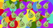 Image of smiling pears in rows over colourful spots
