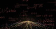 Image of mathematical data processing over light trails on black background