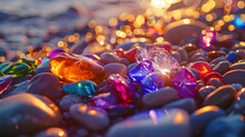 Glowing Pebbles On The Beach Covered With Glowing From Sunshine Colorful Glass
