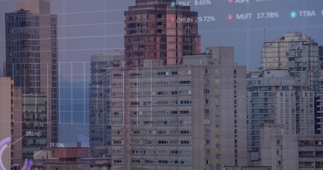 Canvas Print - Image of financial data processing over cityscape