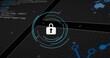 Image of padlock icon over data processing on black background