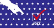 Image of hand pointing on vote text over stars on blue background