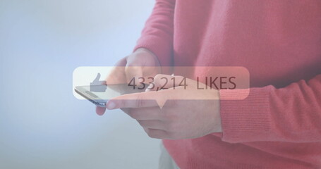 Poster - Image of likes text with growing number over caucasian man using smartphone