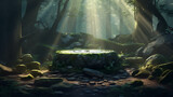 Fototapeta Sport - Concept art of an empty podium in the center, surrounded by trees and stones,