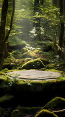 Wall Mural - Concept art of an empty podium in the center, surrounded by trees and stones,