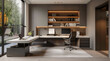 © visoot - A modern home office featuring an L-shaped desk with the user back to the wall. Generative AI.