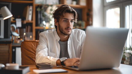 A young professional in business casual attire sitting at a desk at home performing a on online search while appearing to be interested in the results. Generative AI.