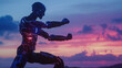 A robot executes a martial arts stance at dawn under a colorful sky. Copy space.