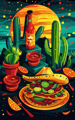 Wall Mural - Mexican sombrero and maracas on vibrant color background. Illustration for the Cinco de Mayo festival.