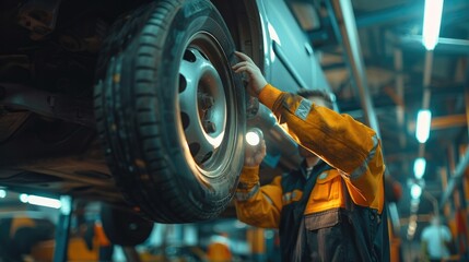 Aufkleber - Technical man inspection car in car repair shop, car is on a lift, man with flashlight checks something under the car. Generative AI.