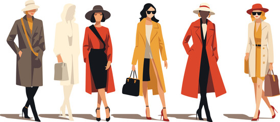 Fashionable women in coats, hats and sunglasses. Vector illustration