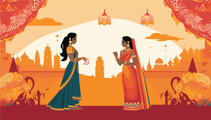 Indian woman and indian woman in saree on temple background, vector illustration