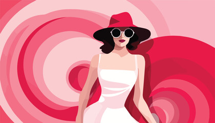 Cute girl in a hat and sunglasses on a colorful background. Vector illustration