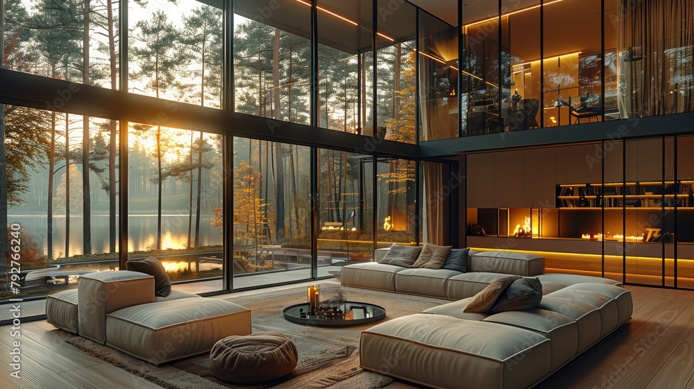 Modern house in the forest with fireplace, large windows with a view of ...