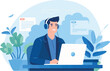 © PNG - Man in headphones working at laptop. Freelance, remote work concept. Vector illustration in flat style