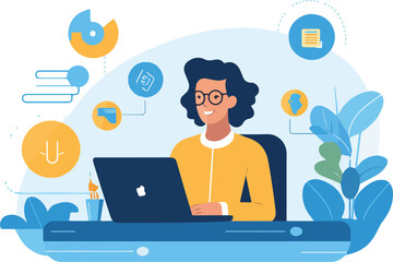 Wall Mural - freelance or remote work concept. freelance man working on laptop at home. vector flat illustration
