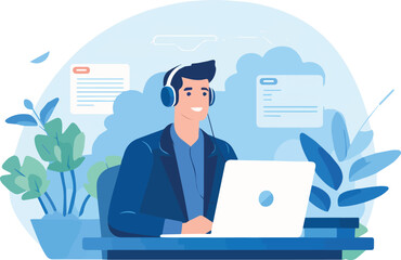 Wall Mural - man in headphones working at laptop. freelance, remote work concept. vector illustration in flat sty