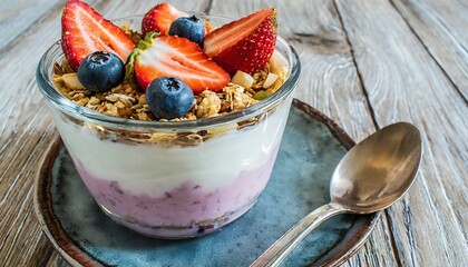 Wall Mural - Fruit yogurt in a small bowl on a blue plate with a spoon, AI-generated.