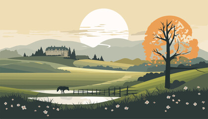 Landscape with farm house, horse and field. Vector illustration.