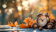 © Oleksiy - Alarm clock, acorns and autumn leaves on table outdoors. Daylight saving time end
