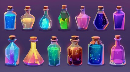 Wall Mural - In this cartoon game modern illustration set, our focus is on bright glowing fantasy liquids in glass jars with corks. There are various vials and flasks holding colorful medicine or poison.
