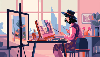 Wall Mural - artist woman painting picture in art studio. female artist in hat and coat sitting at table with pal