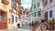 In this medieval germany town street illustration, a building stands in a modern landscape over a medieval germany town street. Old german european city exterior cartoon illustration. Bavaria