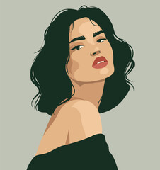 Wall Mural - Vector portrait flat style, brunette with white skin woman girl in a beautiful pose. Vector concept of movement for gender equality and women's empowerment