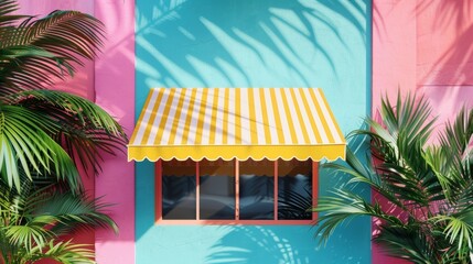 Blank mockup of a tropicalthemed cafe awning complete with palm leaves and bright colors. .