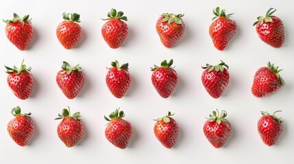 Wall Mural - Multiple vibrant strawberries arranged neatly on a bright white surface