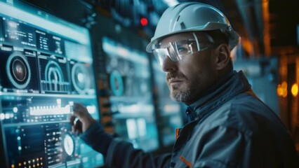 Engineer checks and controls the automation panel monitoring screen system software industry