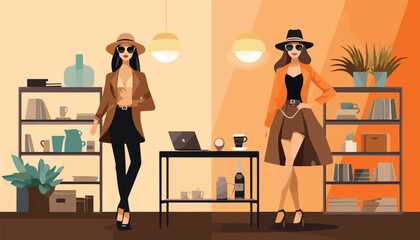 Wall Mural - fashionable women in hats in the store. vector illustration.