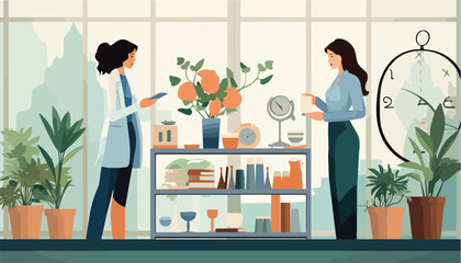 Wall Mural - vector illustration of female scientist in lab coat working in modern laboratory.