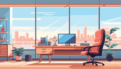 Wall Mural - modern office interior with furniture and window with city view. flat vector illustration