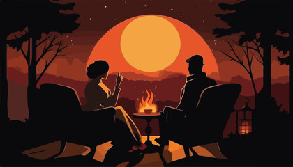 couple sitting near the bonfire in the forest at night illustration