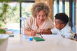 © Monkey Business - Multi Racial Family With Grandmother And Grandson Doing Homework On Green Energy With Model Turbine