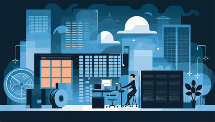 Wall Mural - vector illustration in flat design of big data center, server room, cloud computing